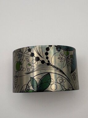 Floral Stainless Steel Wide Cuff Bracelet with Green Accents  “Aqua Gurl”
